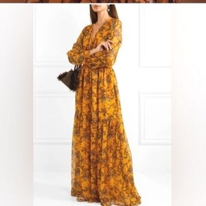 Eywasouls Malibu Gold Print Fall Long Slv Autumn Maxi Holiday Luxury Dress NWOT